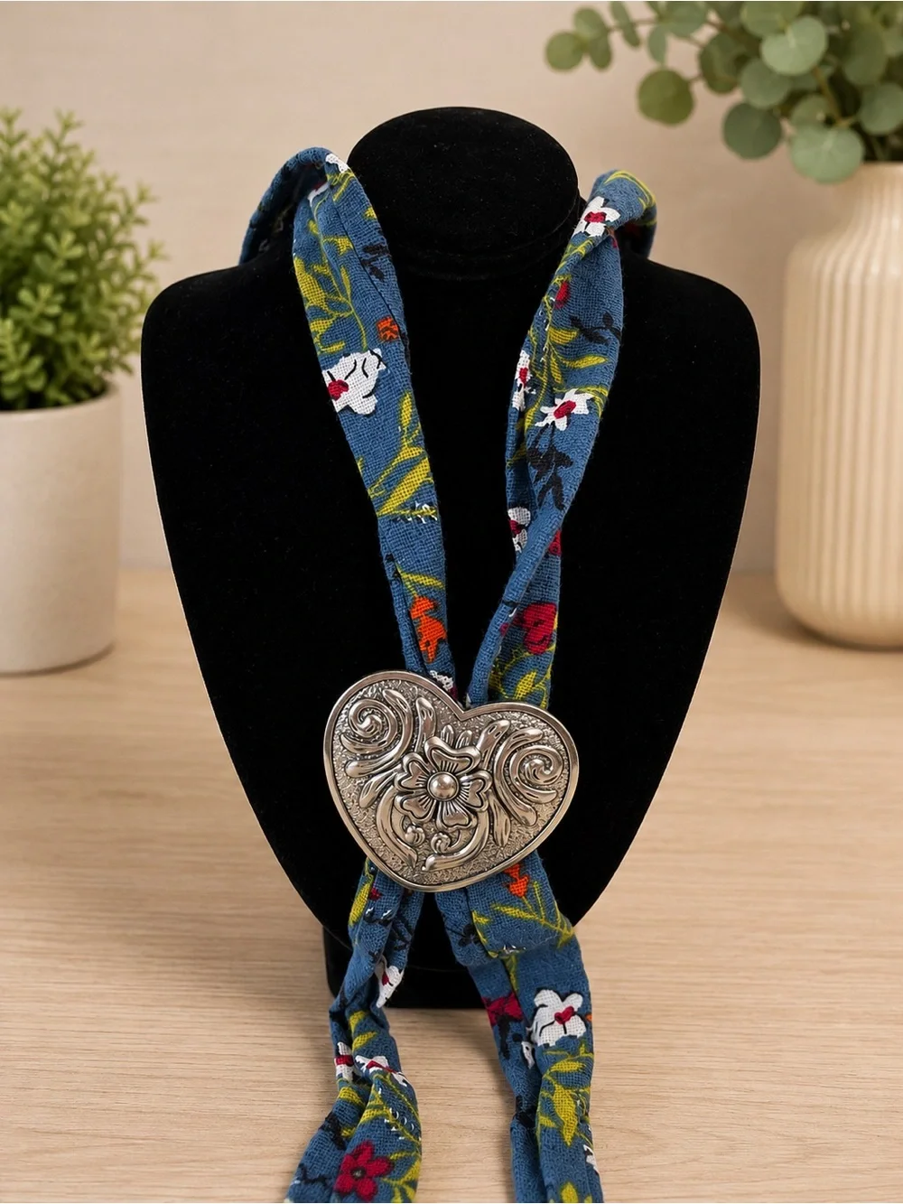 Floral Blue Heart Concho Necklace Scarf